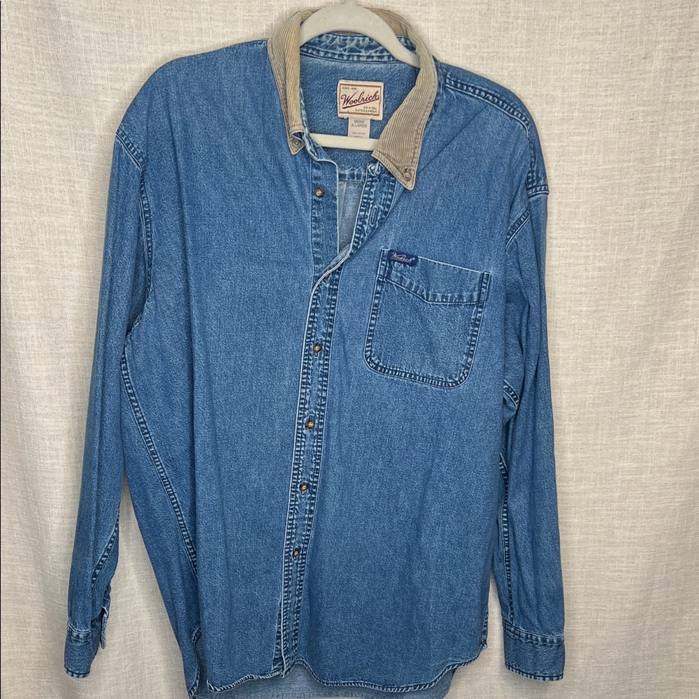 Woolrich Blue Denim Shirt with Tan Corduroy Collar